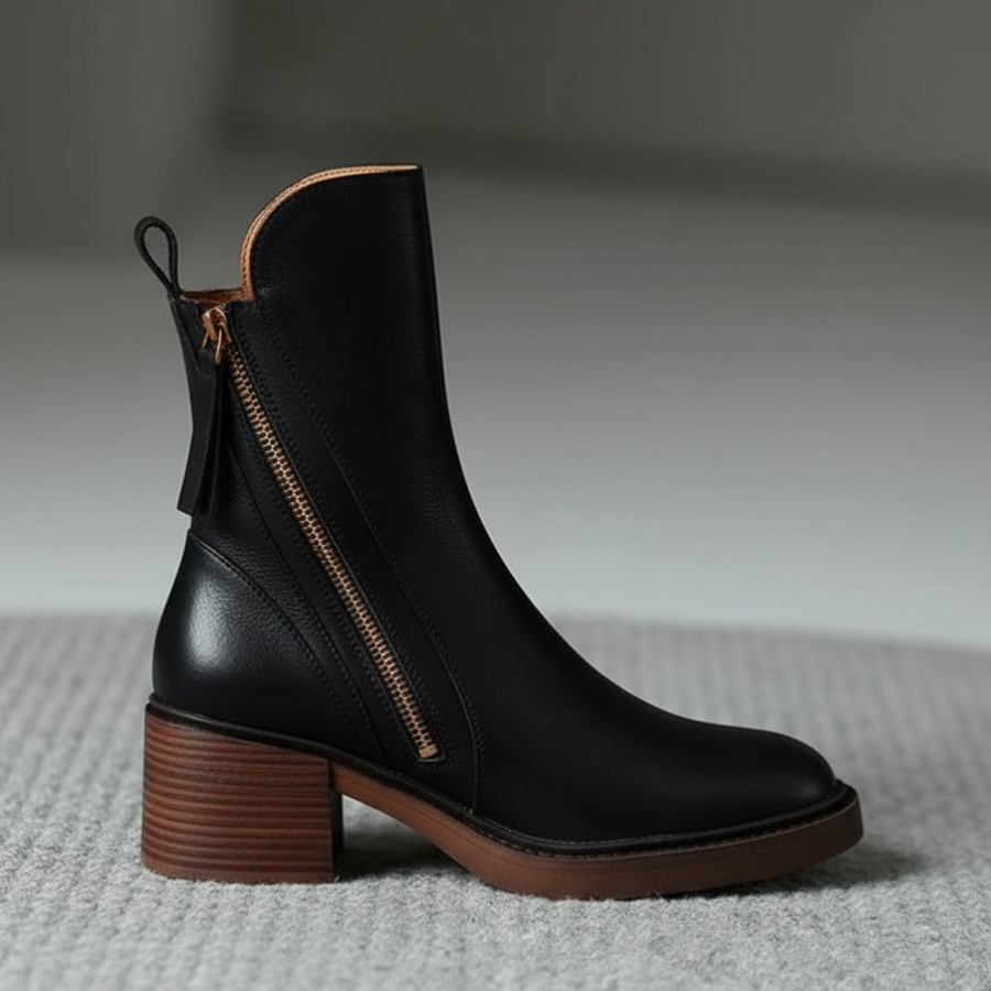 Round Toe Front Zip Block Heel Ankle Boots