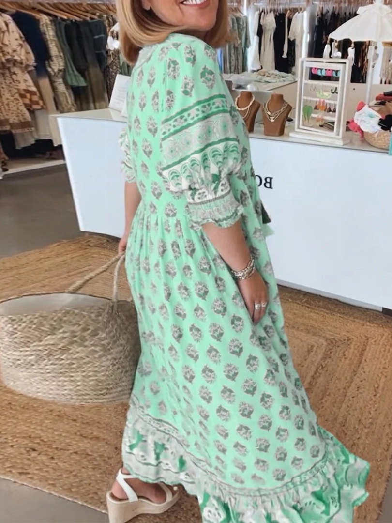 Floral Print V-Neck Bell Sleeve Tiered Boho Maxi Dress