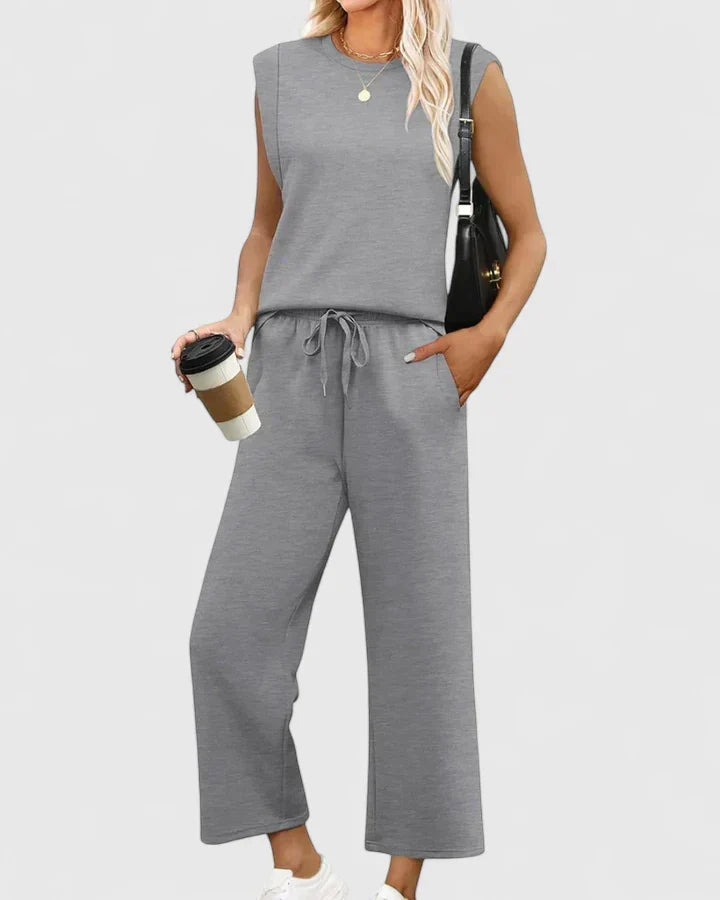 Sleeveless Top and Drawstring Wide Leg Pants Two Piece Set