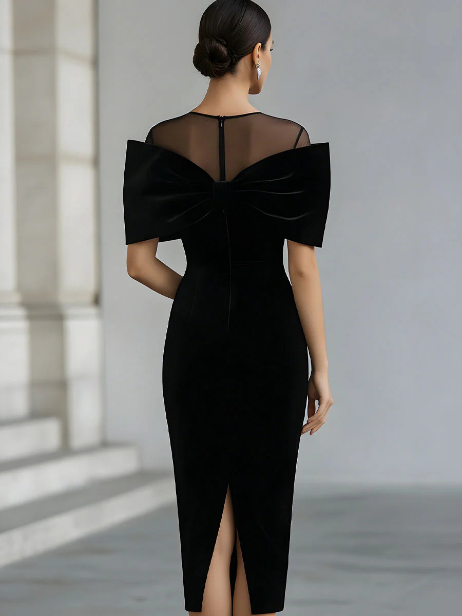 Velvet Mesh Neck Oversized Bow Bodycon Midi Dress