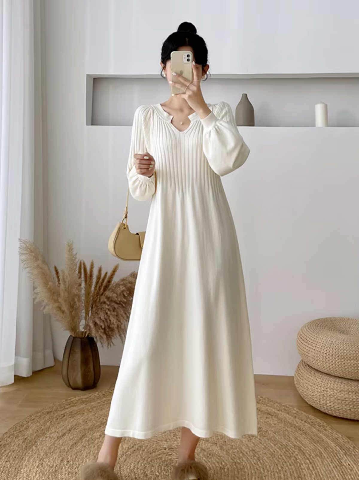 Notched V-Neck Lantern Sleeve Ribbed Knit A-Line Maxi Sweater Dress
