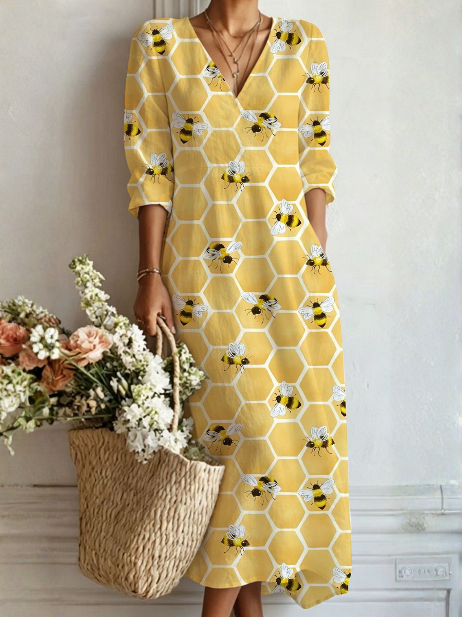 V-Neck Long Sleeve Bee Honeycomb Print Maxi Dress