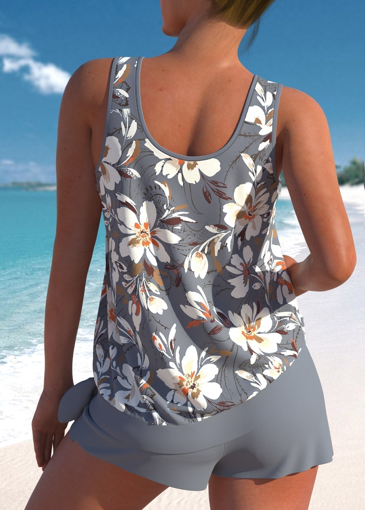 Leaf Print Blouson Tankini Top and Shorts Swimsuit Set