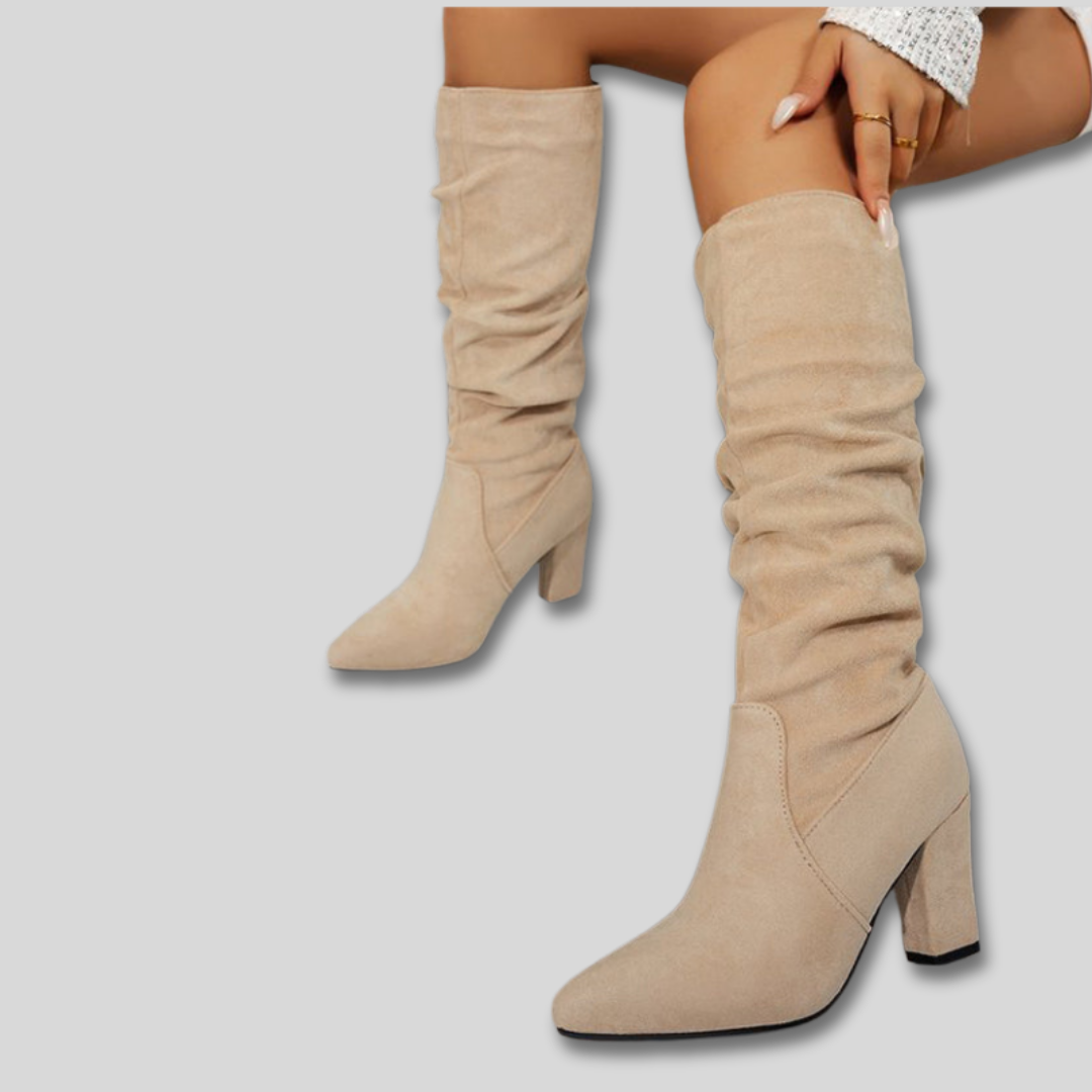 Pointed Toe Suede Look Slouch Block Heel Knee High Boots