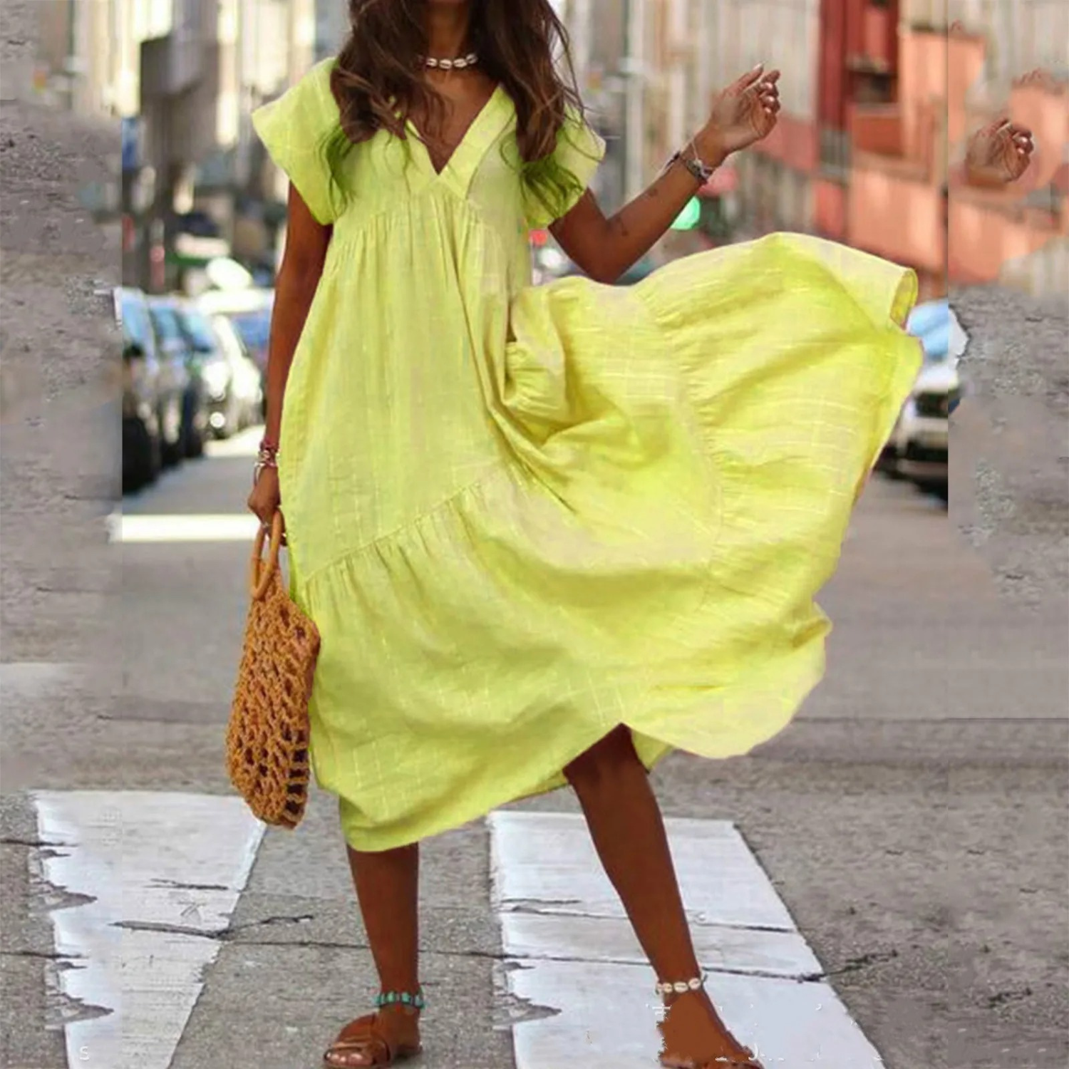 V-Neck Flutter Sleeve Tiered Ruffle Smock Midi Dress