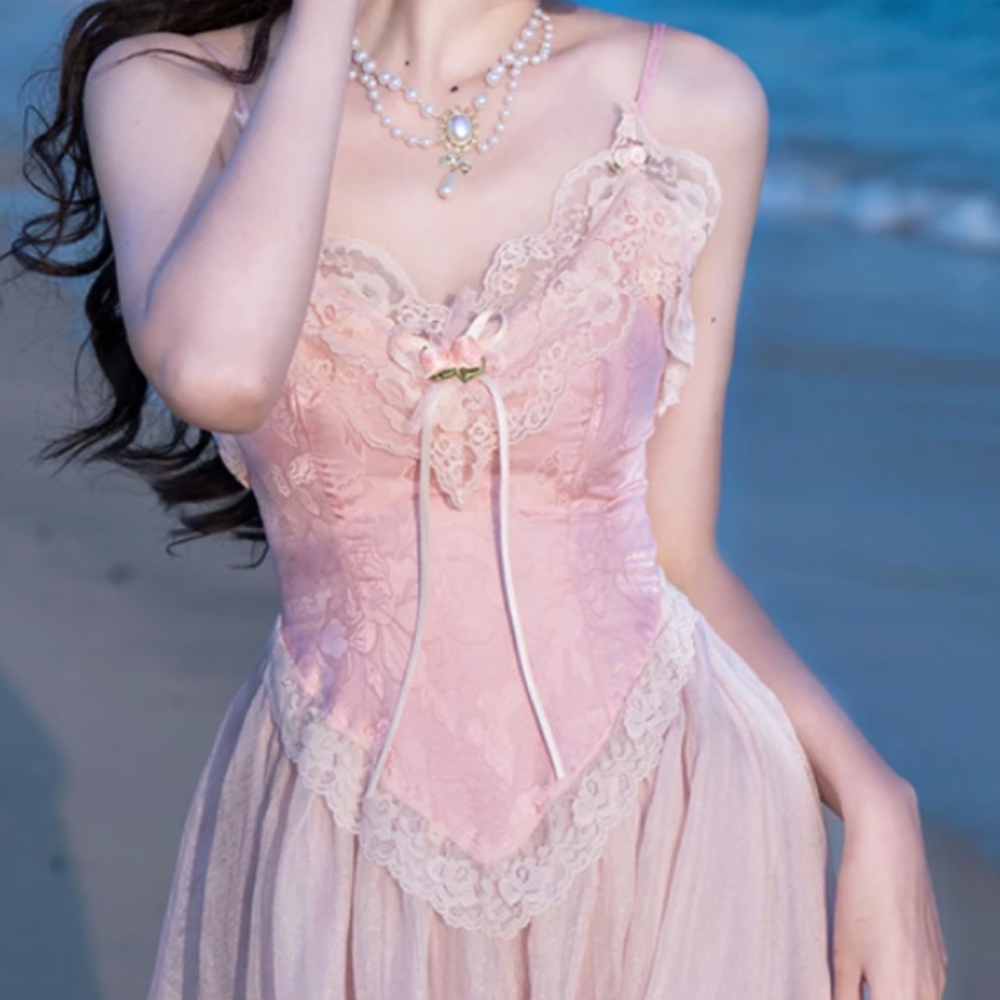 Lace Bustier Spaghetti Strap Tulle Maxi Dress 3