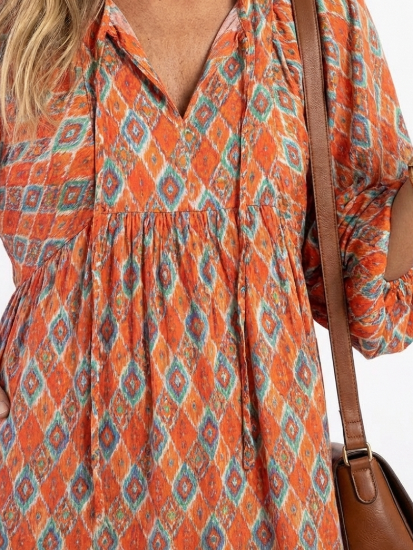 Ikat Print V-Neck Puff Sleeve Tiered Maxi Dress