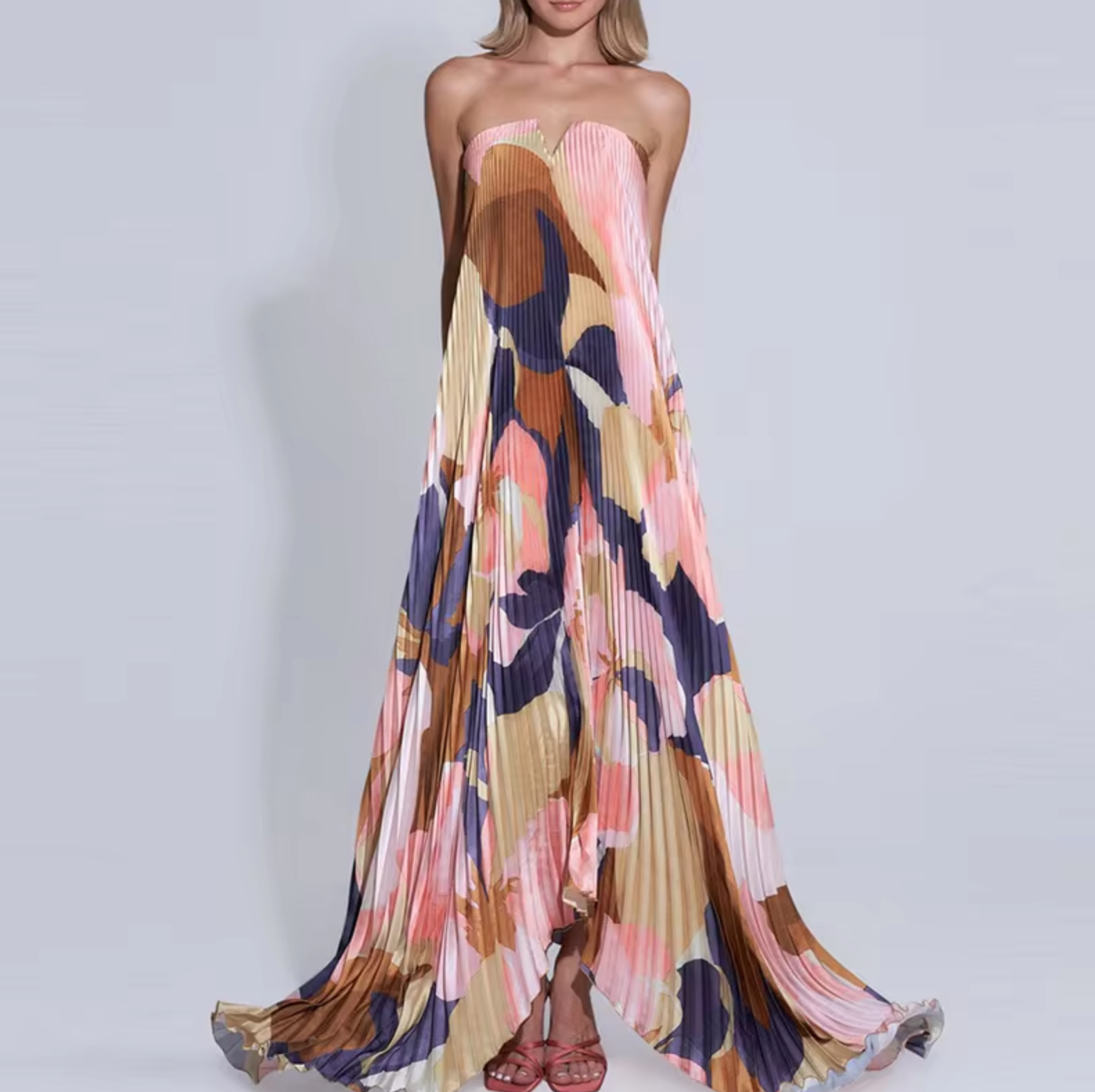 Strapless Floral Pleated A-Line Maxi Dress