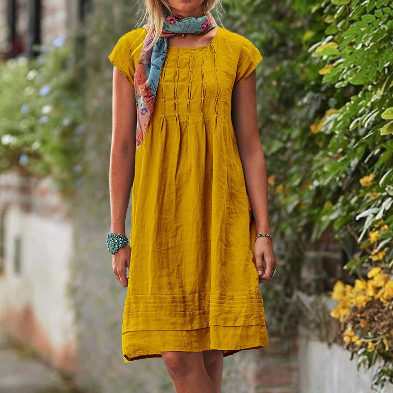 Short Sleeve Pintuck Gathered Front Tiered Band Hem Knee Length Summer Dress