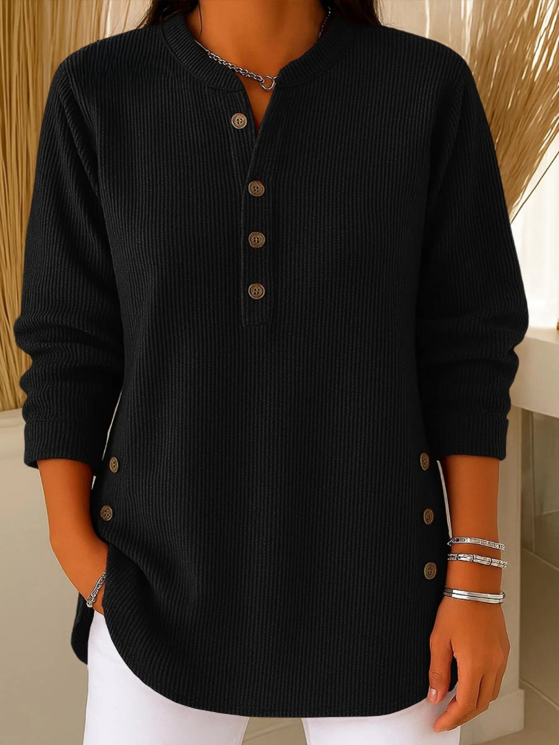 Button Henley Long Sleeve Ribbed Knit Tunic Top