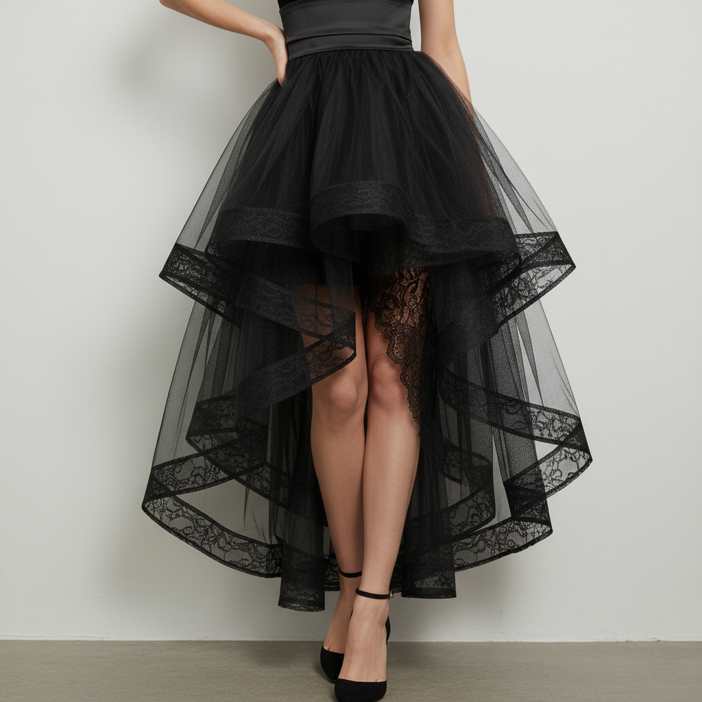 Gothic Glamour Black Tulle & Velvet High-Low Dress