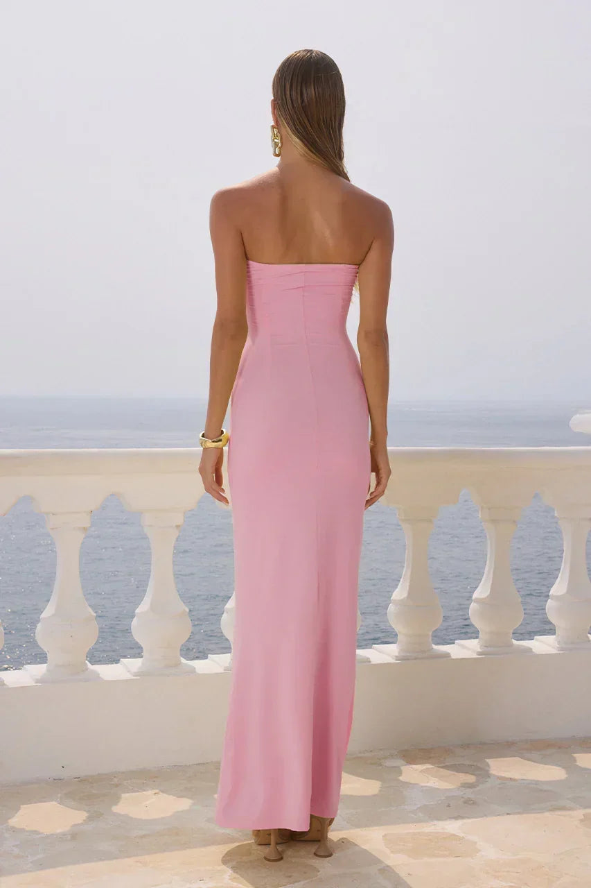 Strapless Cut Out Gold Hardware Ruched Column Maxi Dress 2