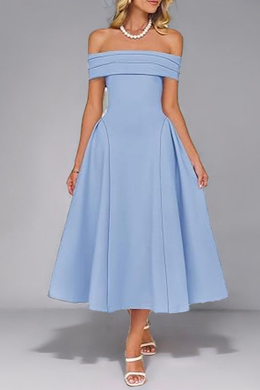 Off Shoulder Pleated Fit and Flare Midi Party Dress