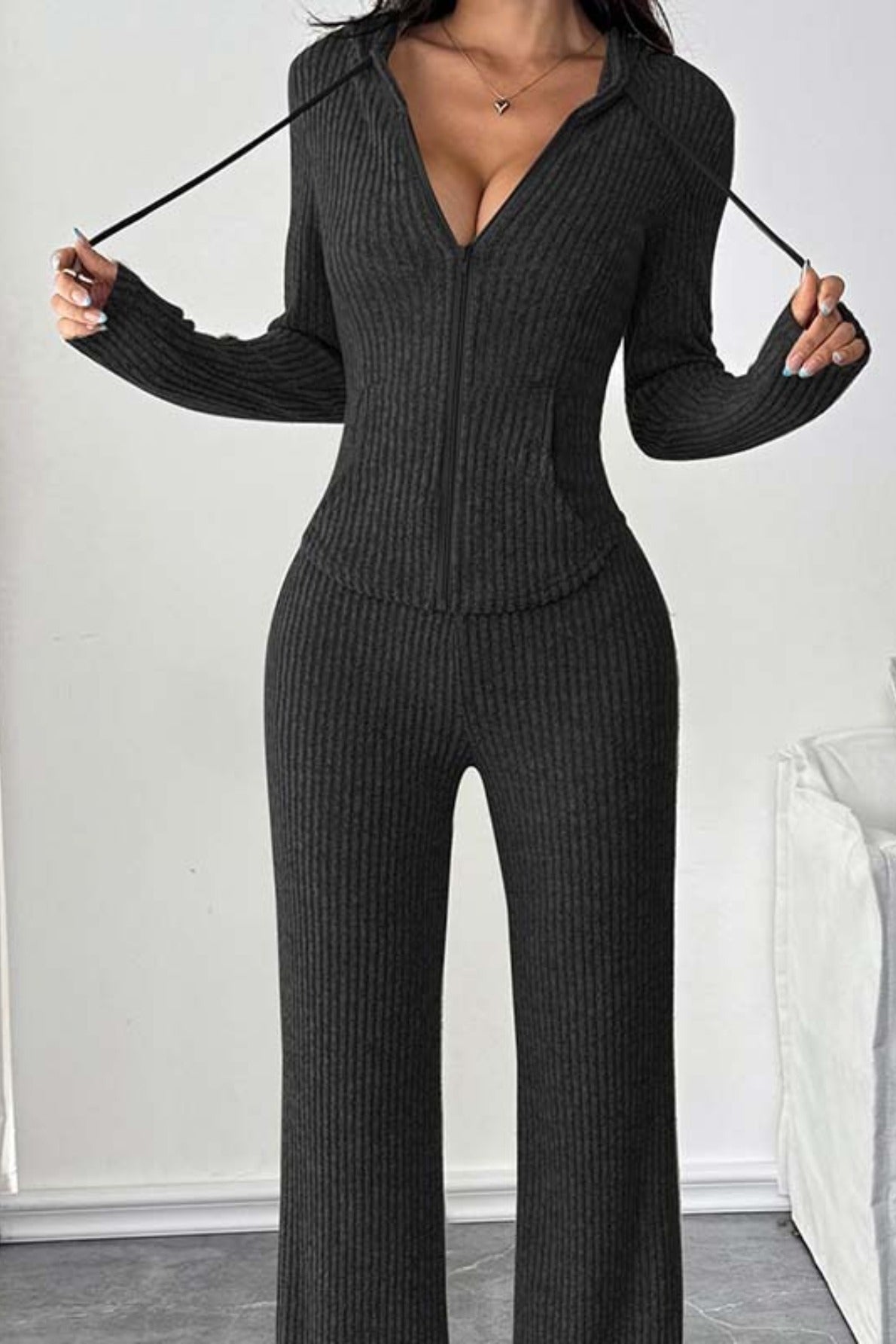 Ribbed Knit Zip Front Long Sleeve Hoodie and Wide Leg Pants Two Piece Set 4