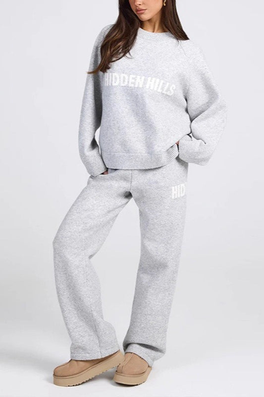 Letter Graphic Crew Neck Knit Sweater and Straight Leg Pants Two Piece Set