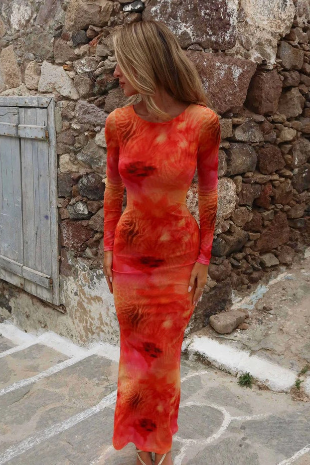 Backless Mesh Long Sleeve Bodycon Floral Dress