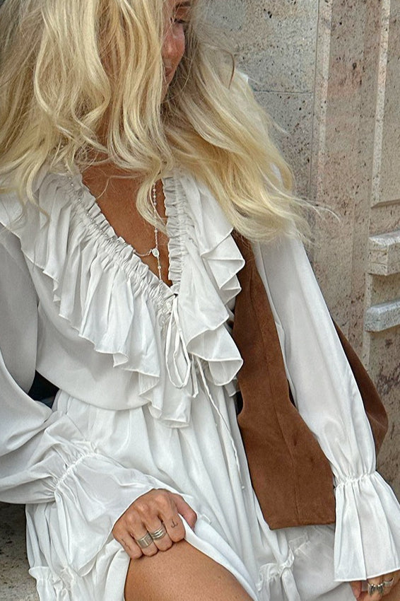 White Chiffon V Neck Mini Dress - View 5