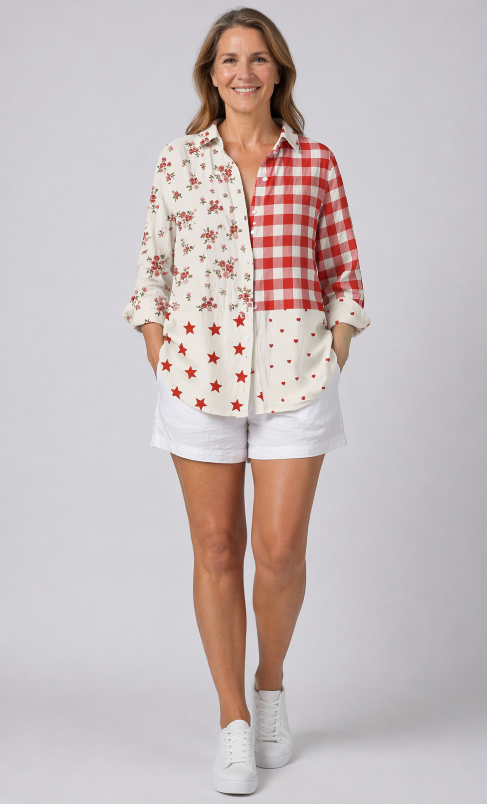 Patchwork Print Button Front Long Sleeve Shirt