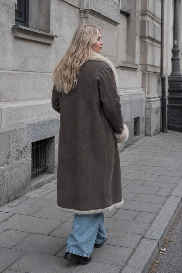 Faux Suede Faux Fur Trim Collar and Cuff Longline Coat 2