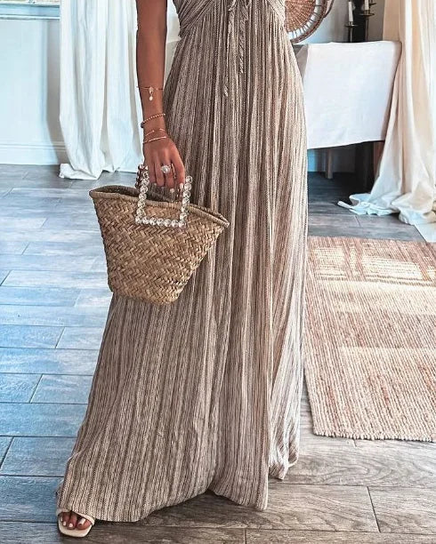 Pinstripe Halter V-Neck Ruffle Drawstring Empire Waist Pleated Maxi Dress
