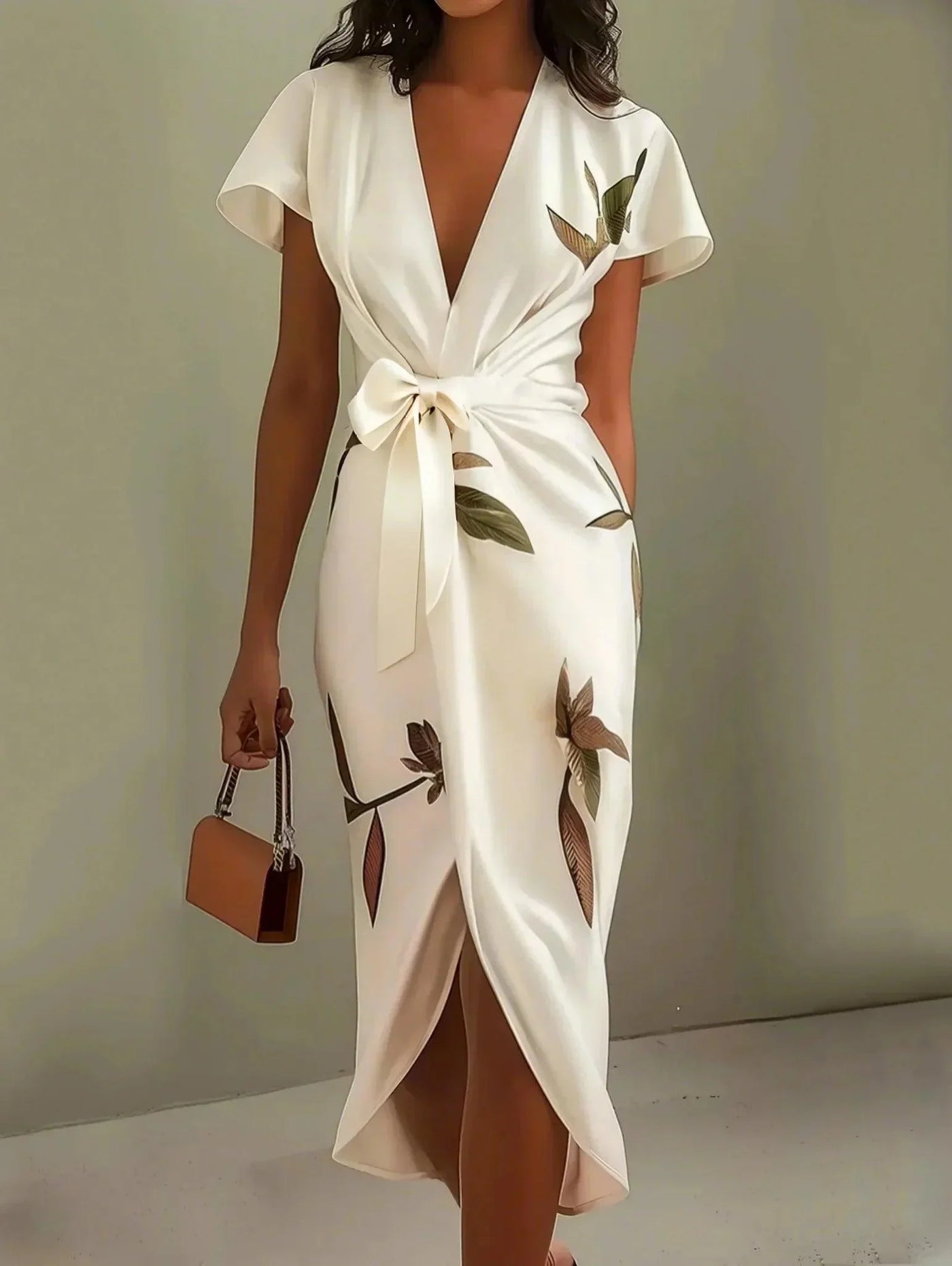 Satin Deep V-Neck Short Sleeve Wrap High Split Midi Dress