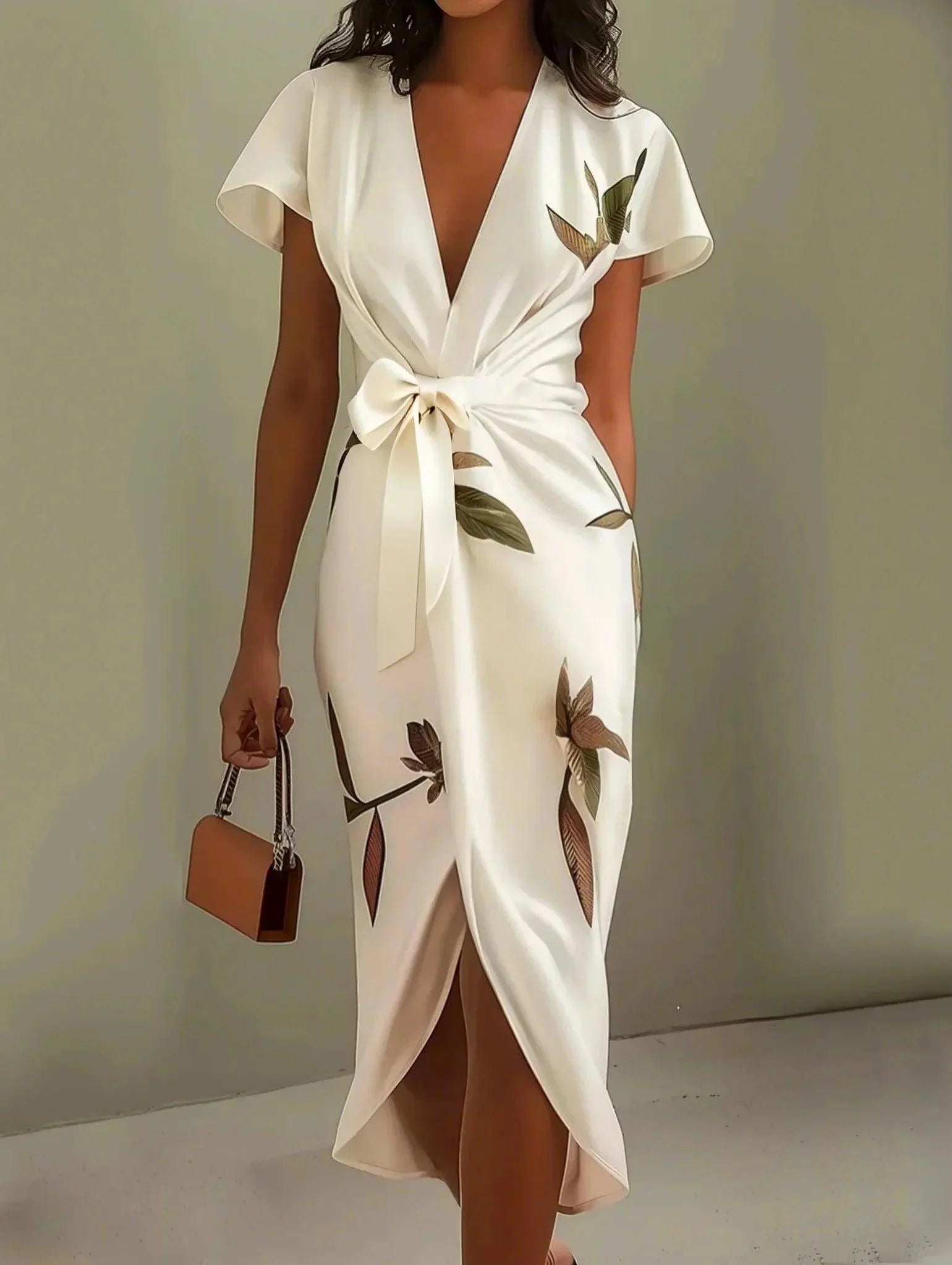 Satin Deep V-Neck Short Sleeve Wrap High Split Midi Dress