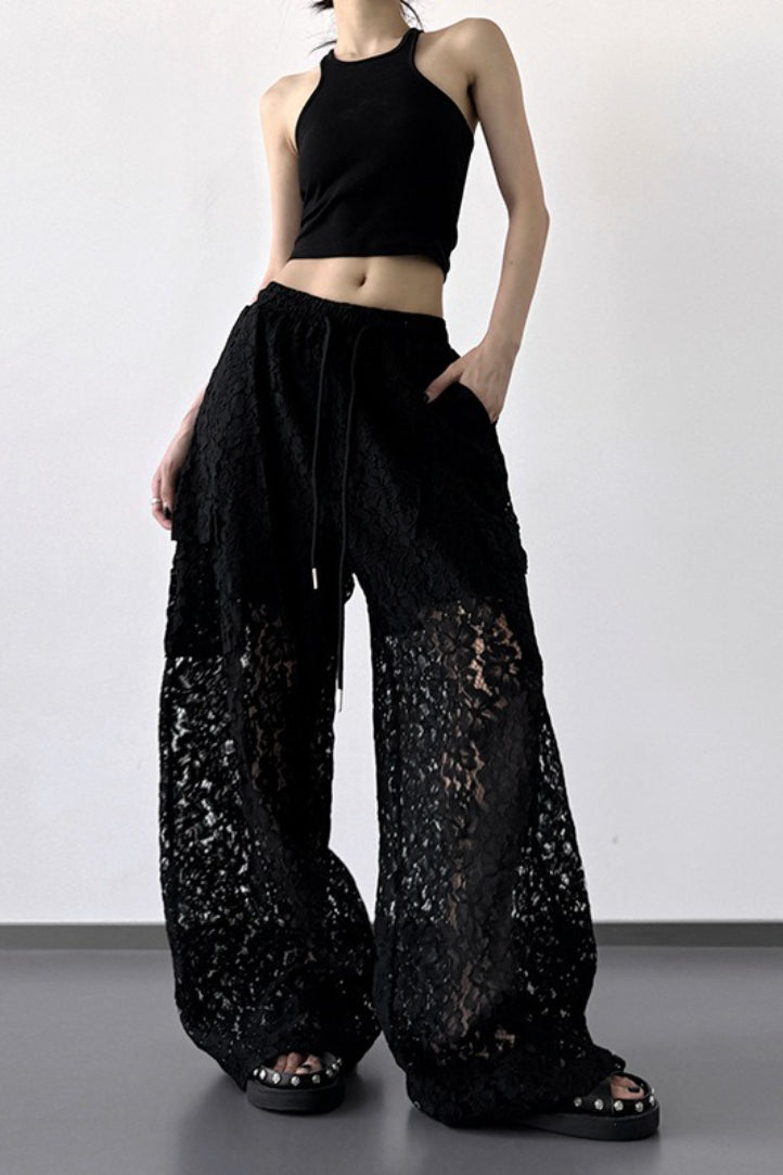 Sheer Lace Panel Drawstring Waist Wide Leg Pants