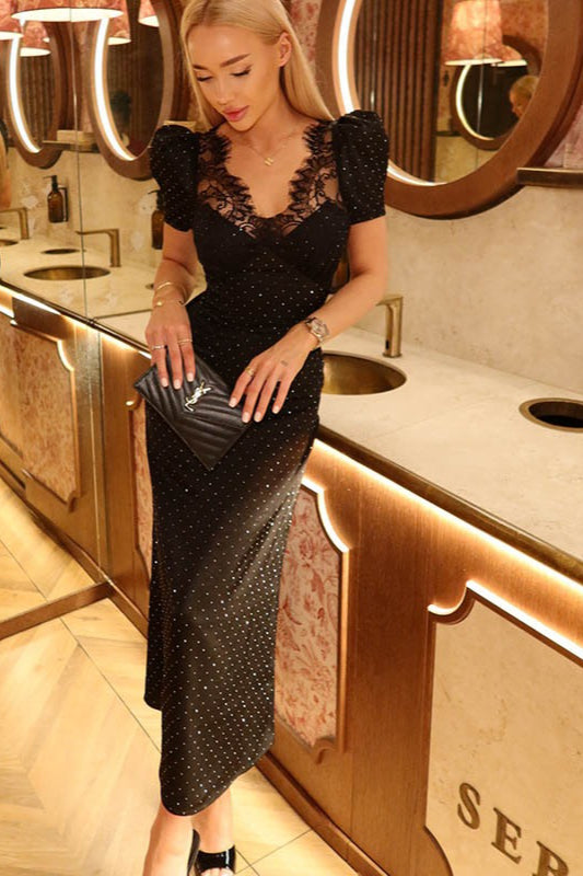 V-Neck Lace Panel Rhinestone Waist Tie Maxi Lace Dress