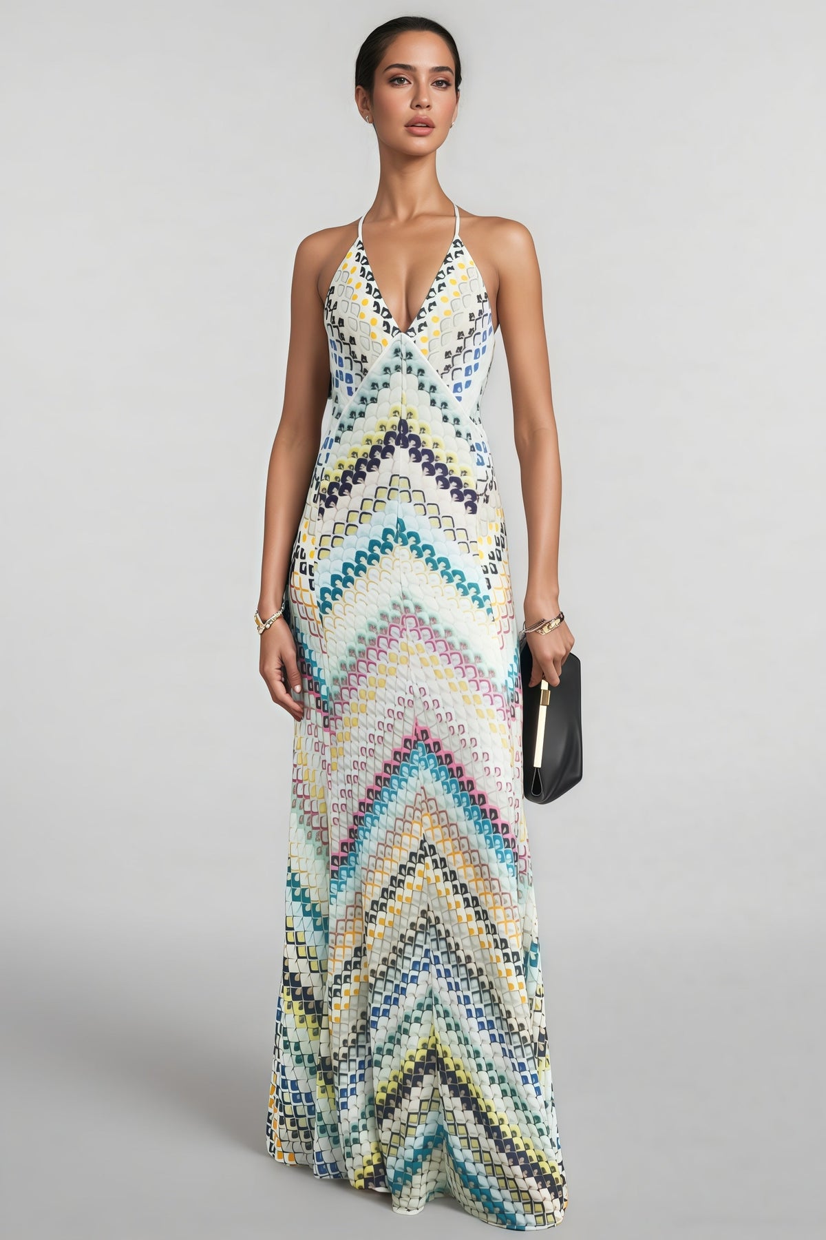 Geometric Chevron Print Halter Deep V-Neck Sleeveless Maxi Dress