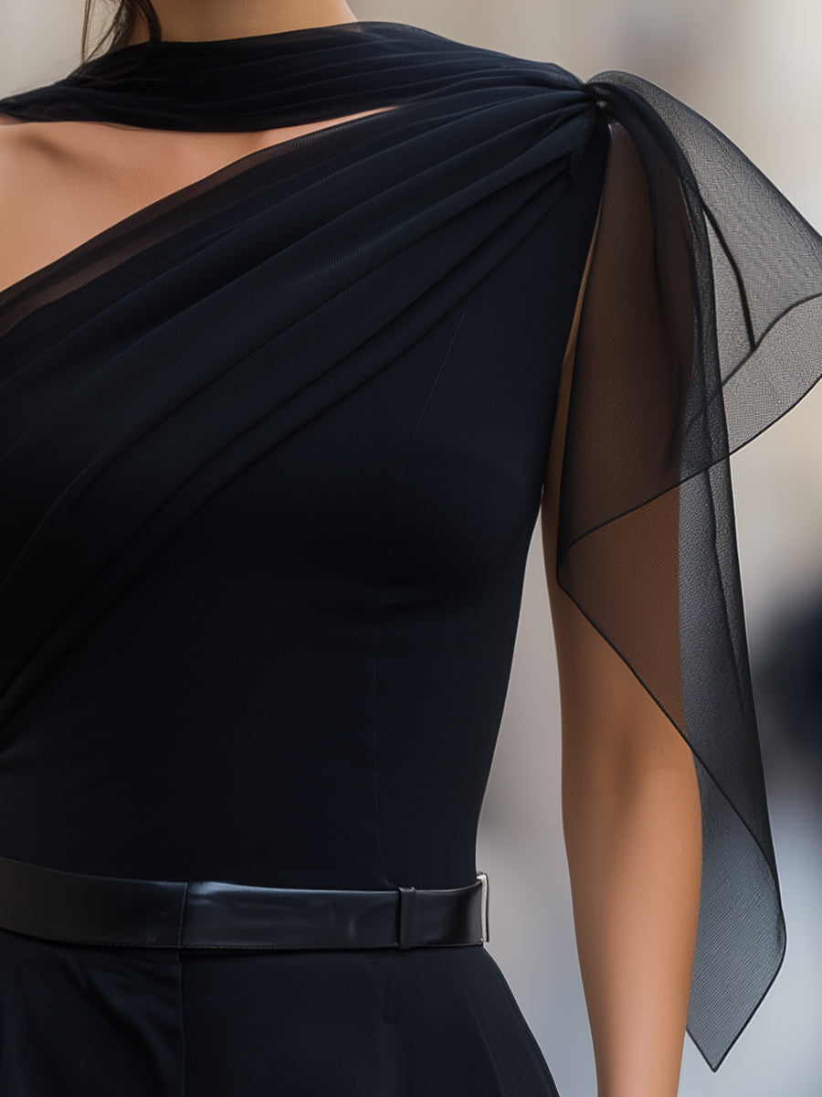 One Shoulder Mesh Drape Sleeveless Top