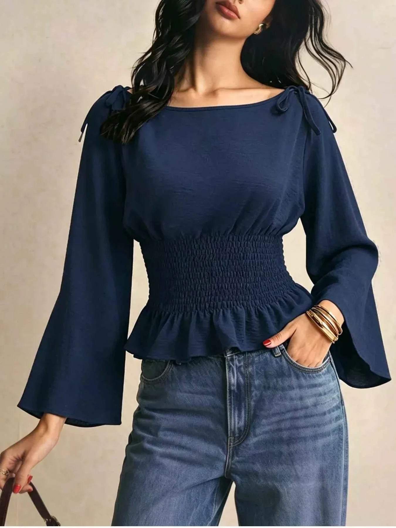 Smocked Waist Flare Sleeve Blouse