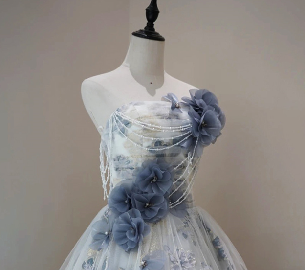 Blue Tulle Flower Strapless Pleated Prom Dress Beautiful Ball Gown cc1601