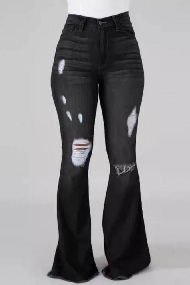 High-Waist Distressed Flared Denim Jeans