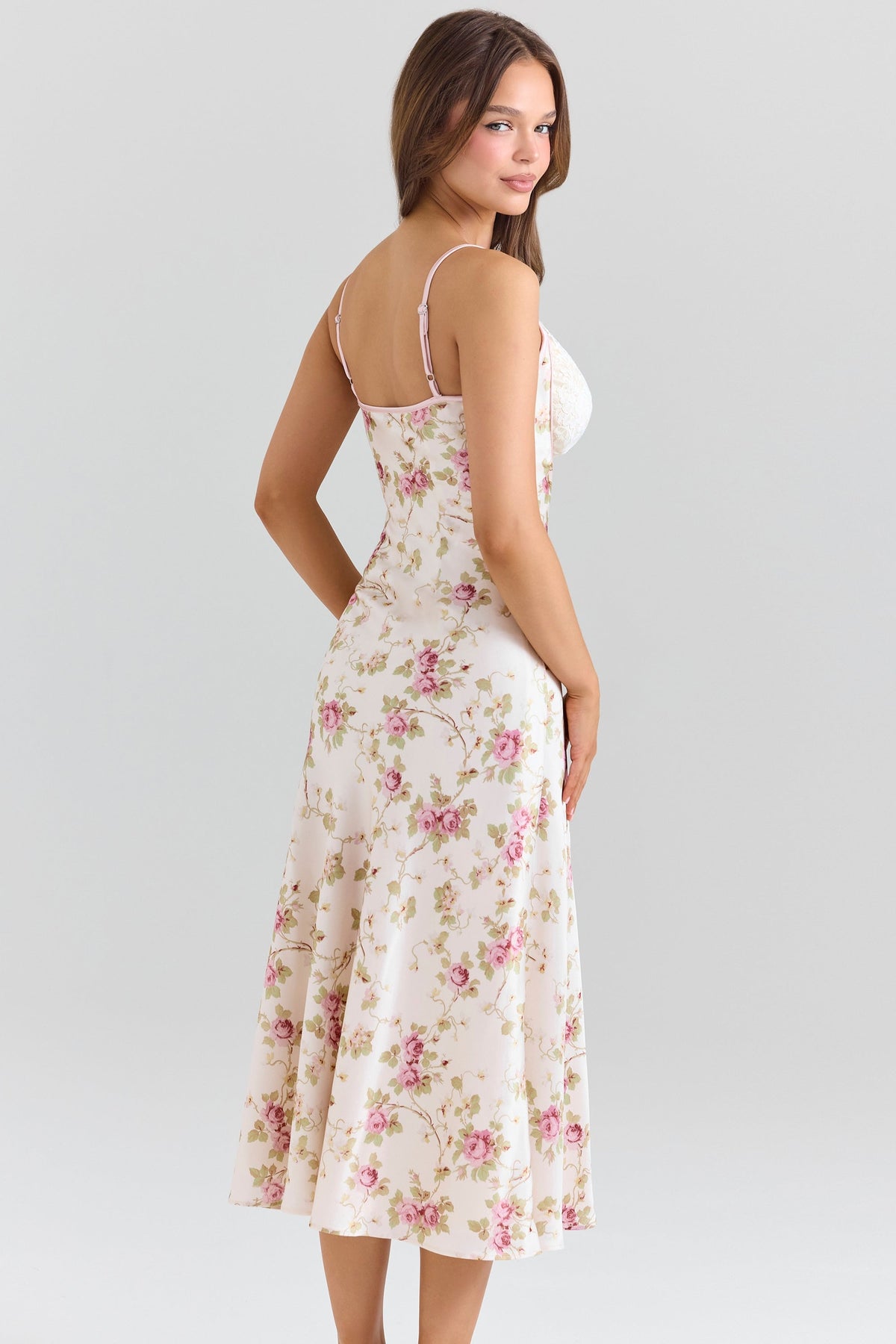 Floral Print Satin Lace Trim V-Neck Cami Bias Cut Midi Dress 4