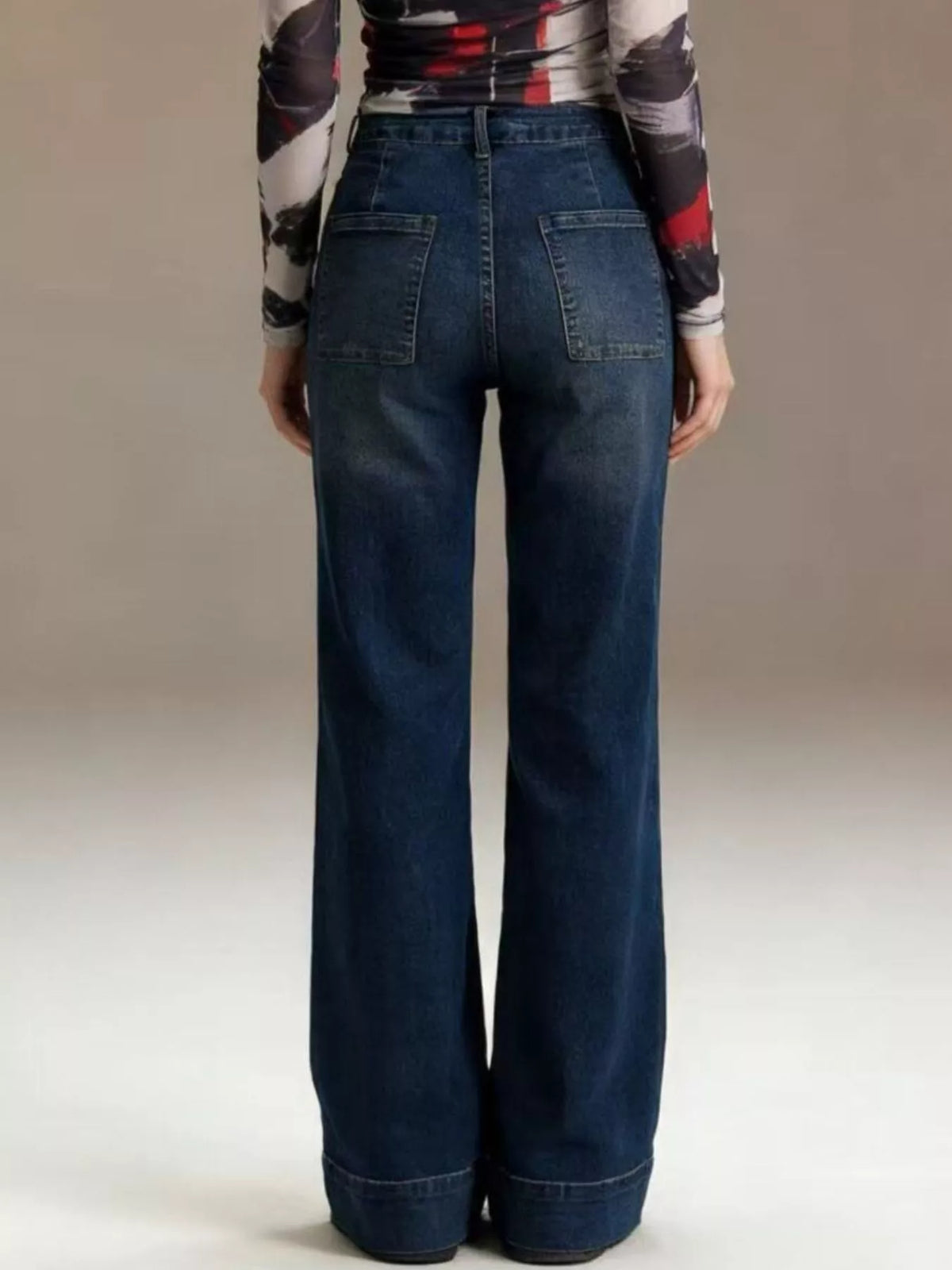 High Waist Patch Pocket Wide Cuff Hem Wide Leg Jeans 9