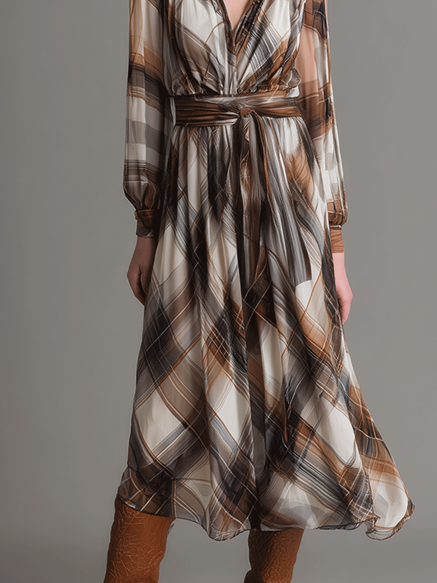 Elegant V-Neck Neutral Check Midi Dress