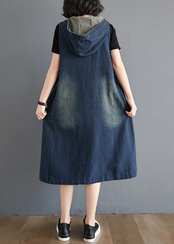Denim Deep V-Neck Sleeveless Patch Pocket Distressed Wash Midi Pinafore Dress