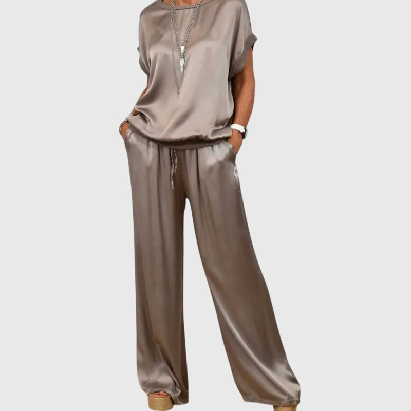 Short Sleeve Boxy Top and Drawstring Wide Leg Pants Two Piece Set