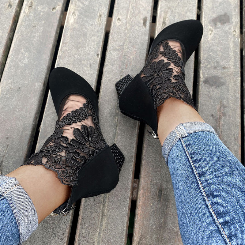 Floral Lace Mesh Rhinestone Block Heel Ankle Boots
