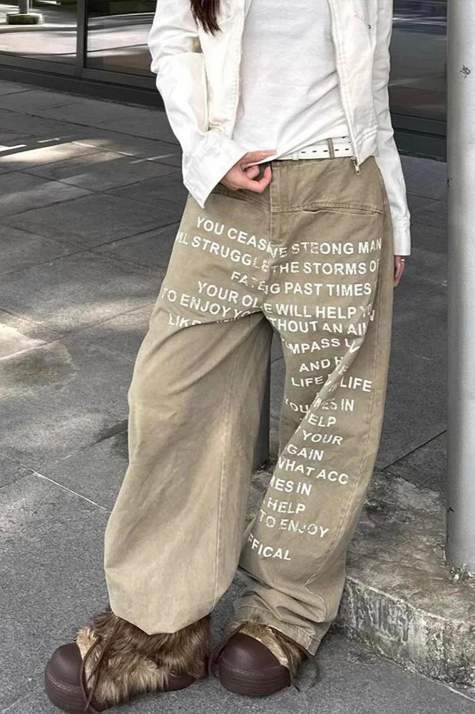 Slogan Letter Print Washed Baggy Barrel Leg Denim Jeans 3