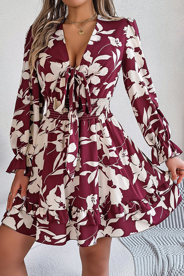 Floral Print V-Neck Tie Front Long Sleeve Ruffle Hem Mini Dress