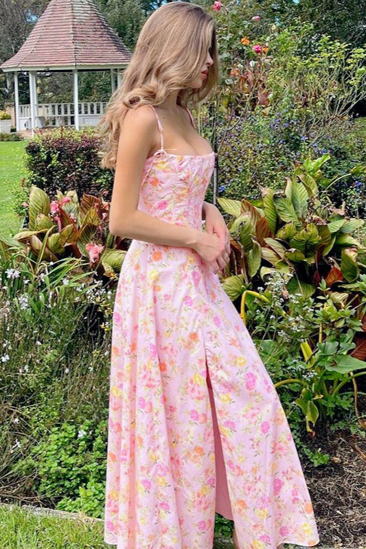 Floral Spaghetti Strap Bustier Corset A-Line Maxi Dress