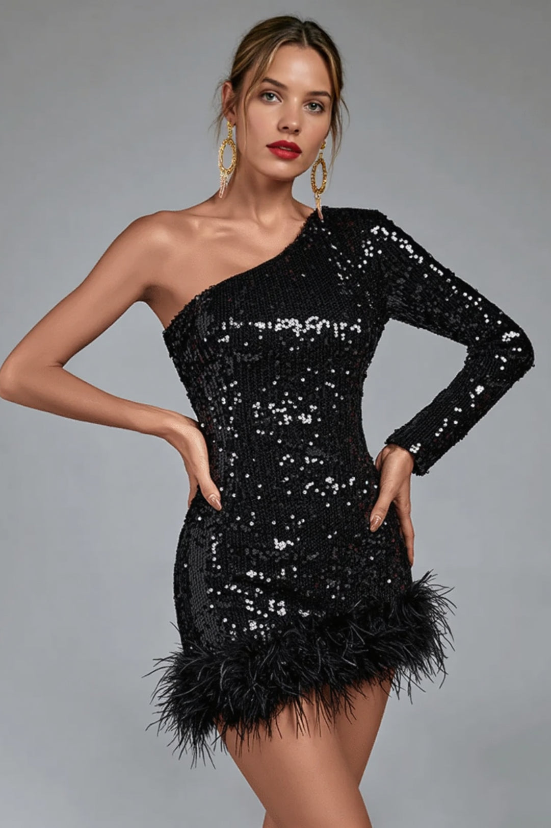 Sexy Asymmetrical One Shoulder Long Sleeve Backless Sequin Feather Party Dress