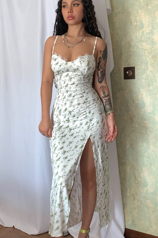 Velvet Deep V-Neck High Split Slip Maxi Dress