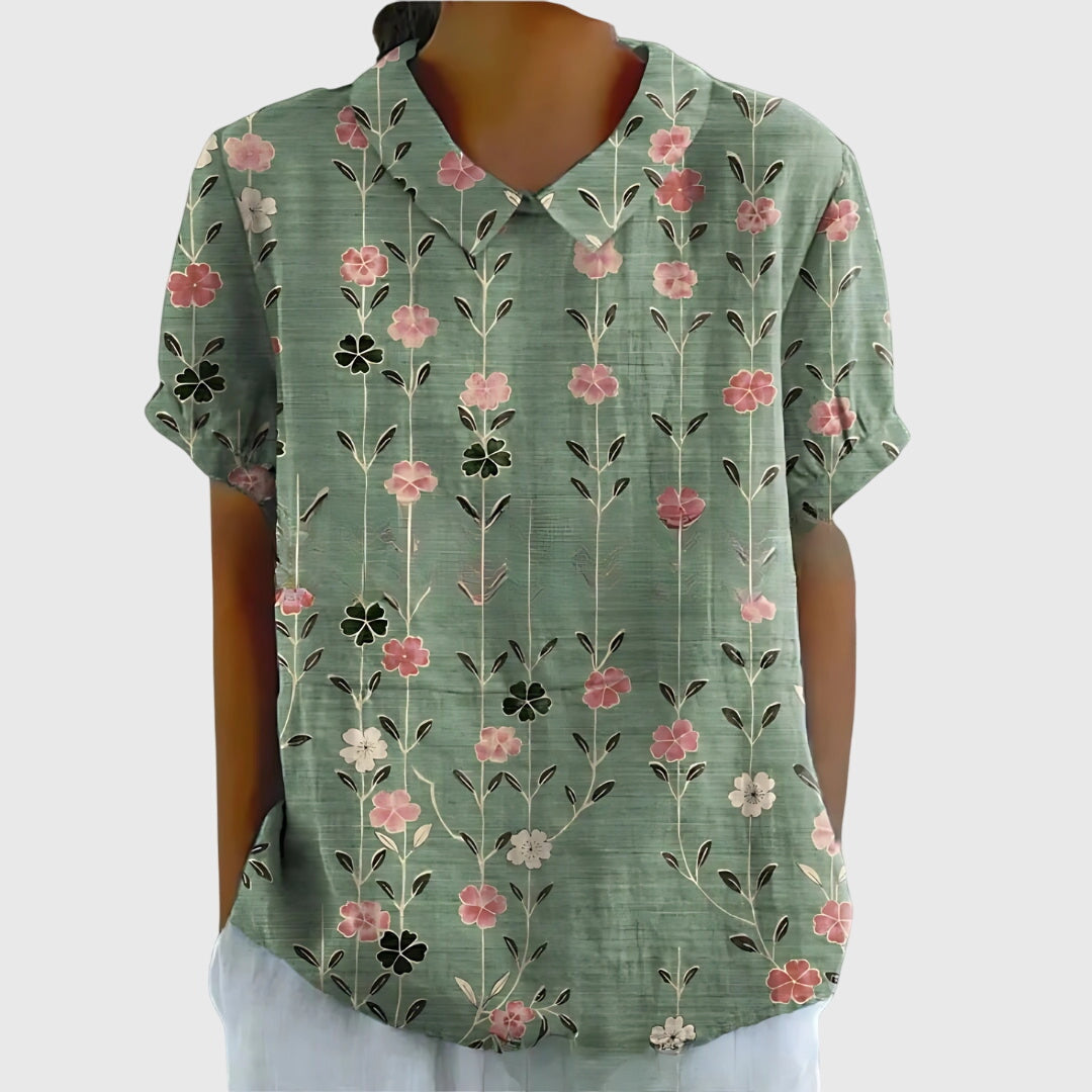 Floral Print Notch Neck Short Sleeve Linen Blouse