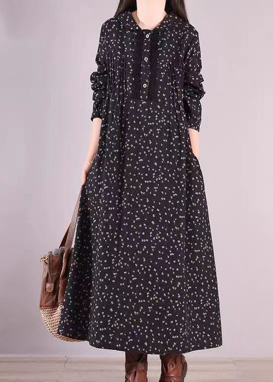 Floral Print Peter Pan Collar Lace Trim Button Front Long Sleeve Maxi Dress