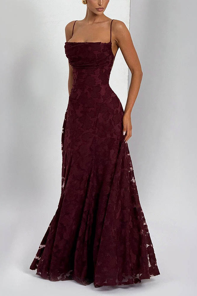 Floral Burnout Lace Spaghetti Strap Straight Neck A-Line Maxi Dress 12