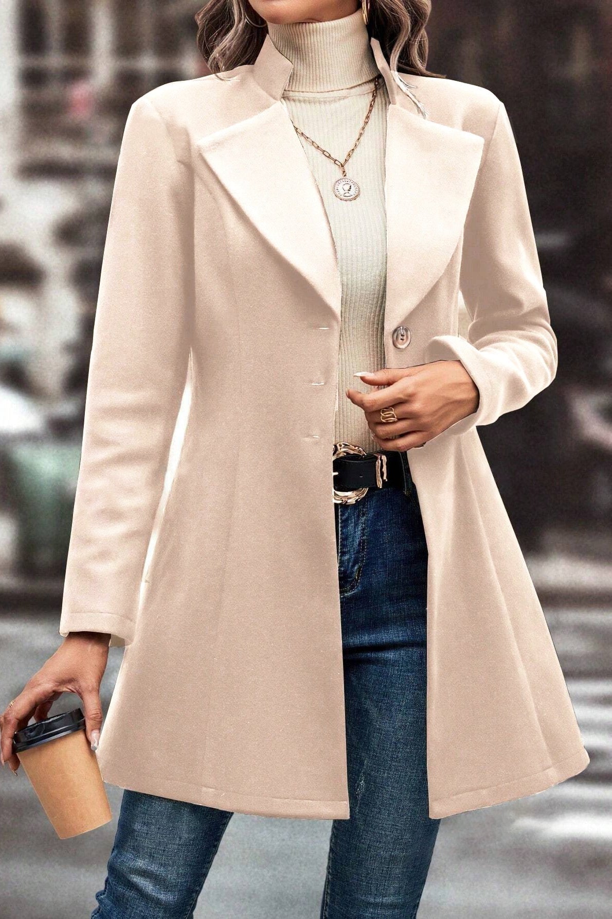 Notched Lapel Single Breasted Fit and Flare Longline Coat 2