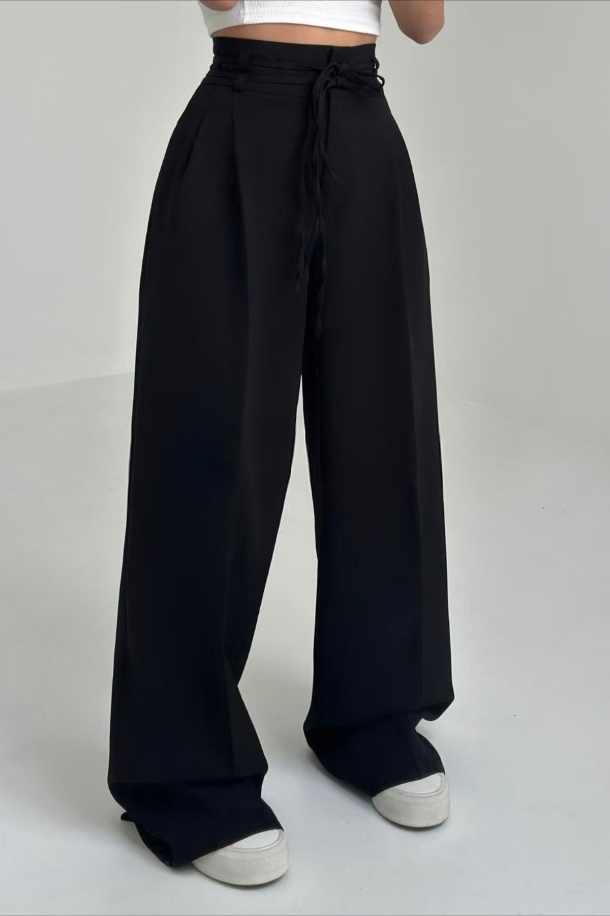 High Waist Wrap Tie Belt Pleated Wide Leg Trousers 3