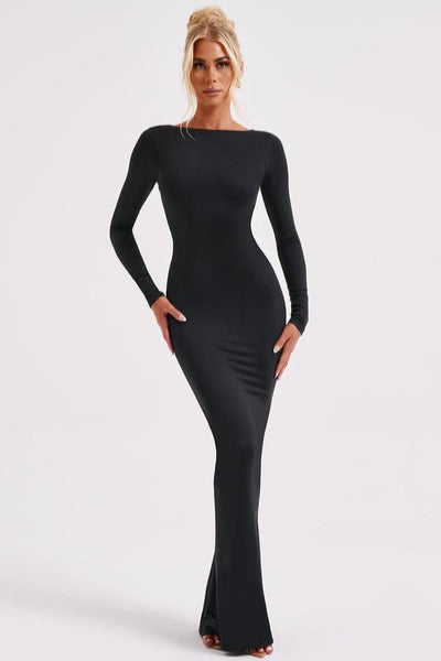 Long Sleeve Open Back Ruched Bodycon Mermaid Maxi Dress